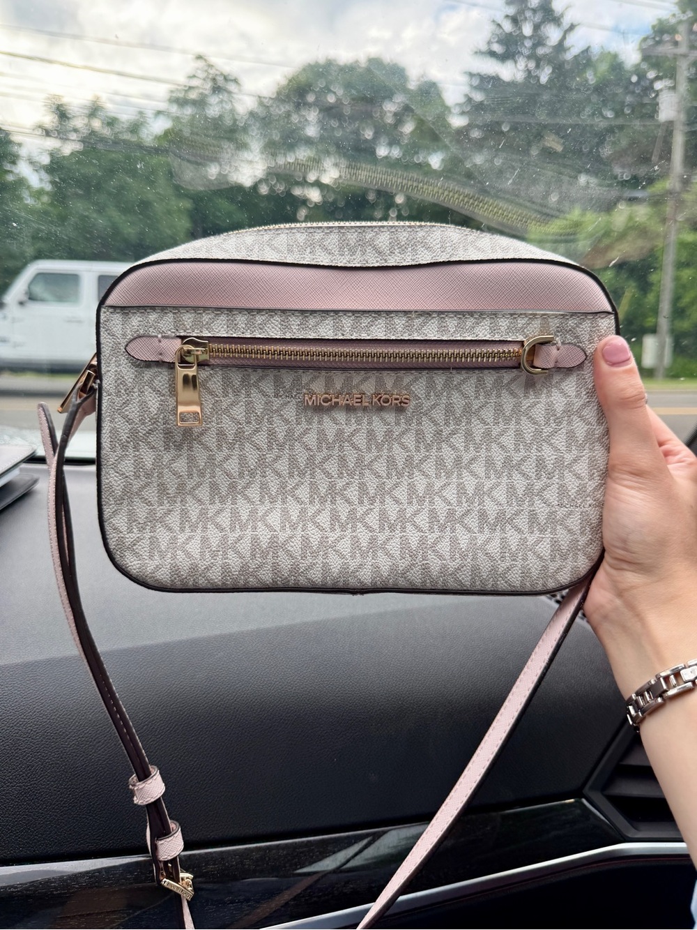 Michael Kors Beige Monogram Crossbody Bag with Pink Trim